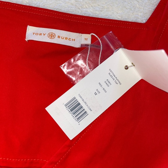 Tory Burch Red Cotton Puff Sleeve Button Up Blouse - Picture 4 of 7